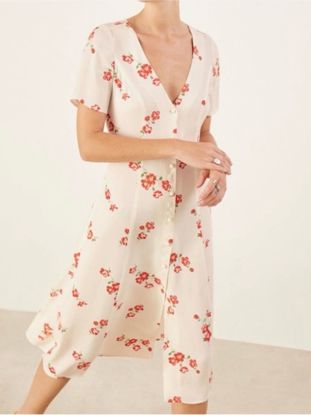 Reformation Cream Midi Dress with Red Floral Print and V-Neck